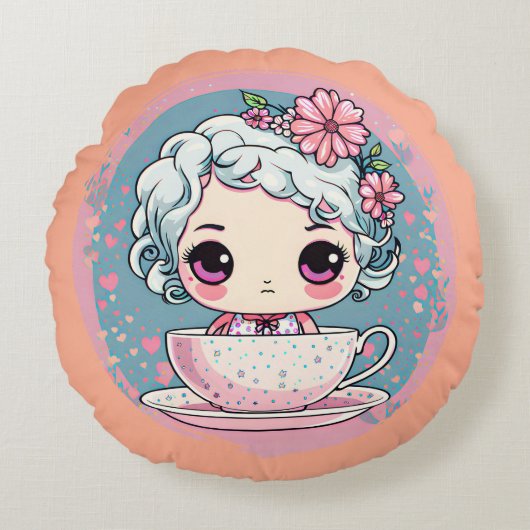 Schattigee Tea Cup Doll Ronde Kussen (Voorkant)
