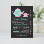Schattigee Tea Party Baby Meisje Douche Uitnodigen Kaart (Staand voorkant)