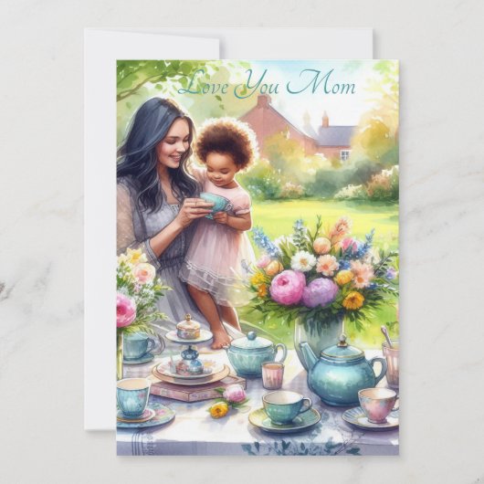 Schattigee Tea Party Met Moeder Waterverf Moederda Feestdagenkaart (Voorkant)