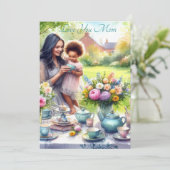 Schattigee Tea Party Met Moeder Waterverf Moederda Feestdagenkaart (Staand voorkant)
