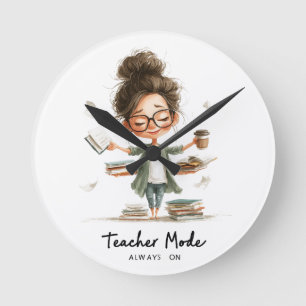 Schattigee Teacher Cartoon met "Teacher Mode Alway Ronde Klok