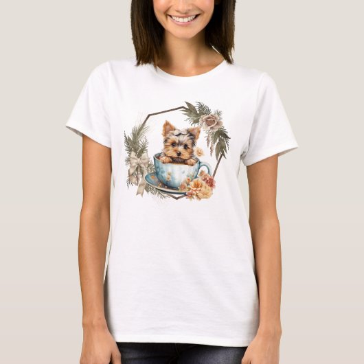 Schattigee Teacup Yorkie in Goud Lijst en Rozen T-shirt (Voorkant)