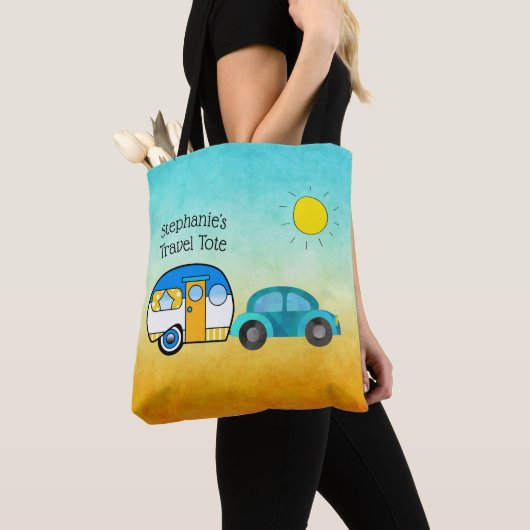 Schattigee Teardrop Camper gepersonaliseerde roadt Tote Bag (Dichtbij)