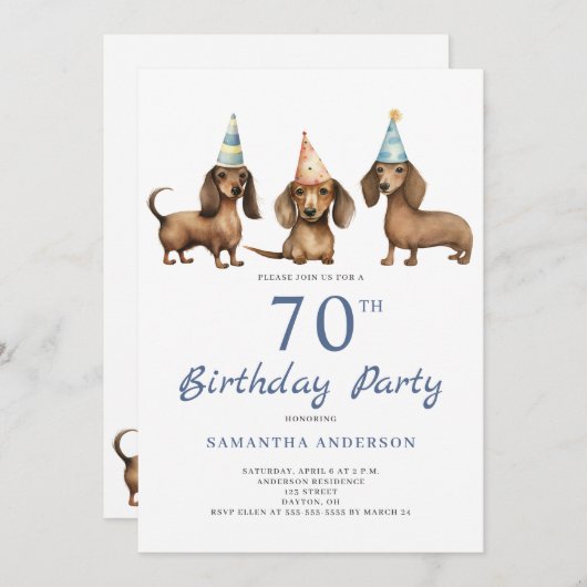 Schattigee Teckel Hond 70ste Verjaardag Uitnodigin Kaart (Voorkant / Achterkant)