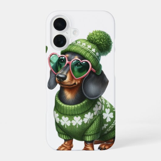 SCHATTIGEE TECKEL HOND GEKLEED IN IERSE KLEDING iPhone 16 HOESJE (Achterkant)