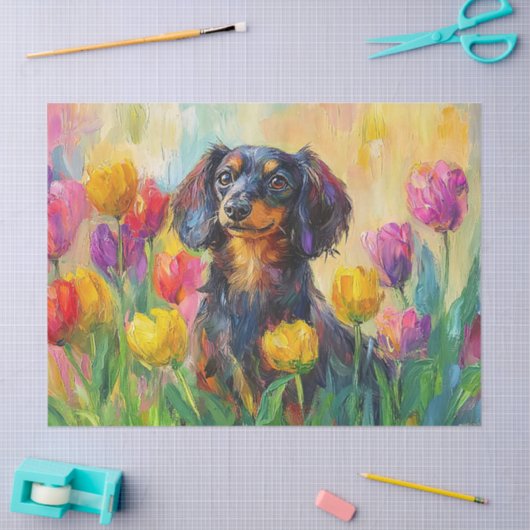 Schattigee teckel Kleurrijke Tulpen Decoupage Tissuepapier (Craft)