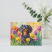 Schattigee teckel kleurrijke tulpen schilderij briefkaart (Staand voorkant)