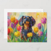 Schattigee teckel kleurrijke tulpen schilderij briefkaart (Voorkant / Achterkant)