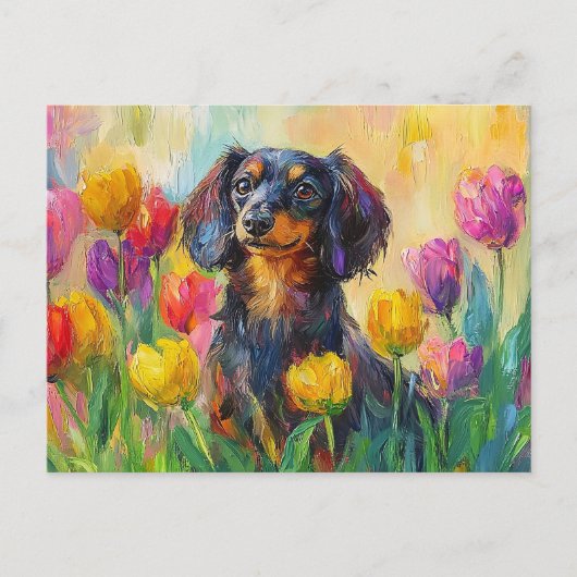 Schattigee teckel kleurrijke tulpen schilderij briefkaart (Voorkant)