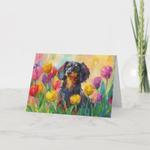 Schattigee teckel kleurrijke tulpen schilderij kaart