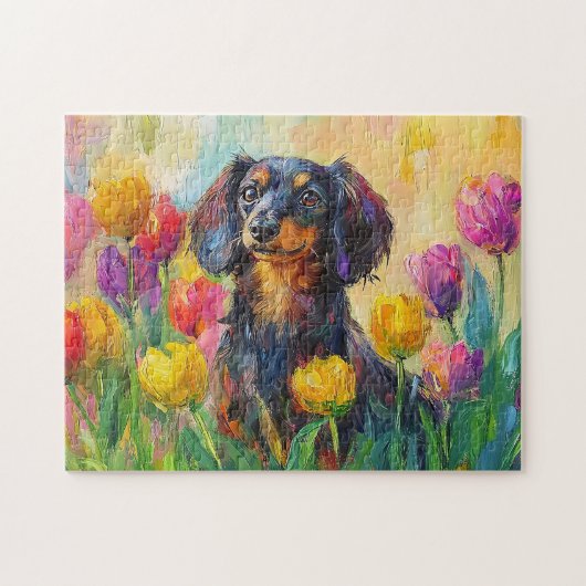Schattigee teckel kleurrijke tulpen schilderij legpuzzel (Horizontaal)