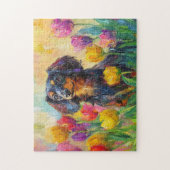 Schattigee teckel kleurrijke tulpen schilderij legpuzzel (Verticaal)