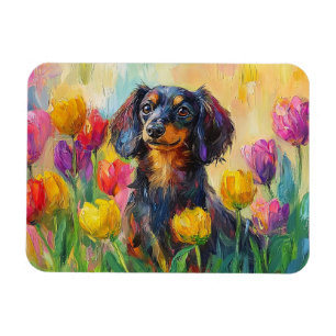 Schattigee teckel kleurrijke tulpen schilderij magneet