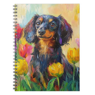 Schattigee teckel kleurrijke tulpen schilderij notitieboek