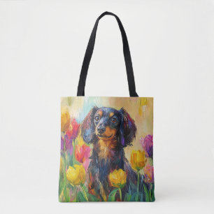Schattigee teckel kleurrijke tulpen schilderij tote bag