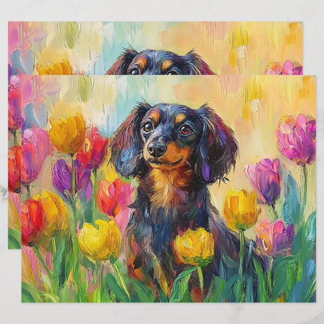 Schattigee teckel Kleurrijke Tulpen Scrapbook Papi (Voorkant / Achterkant)