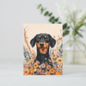 Schattigee Teckel met Wildflowers Schilderij Briefkaart (Staand voorkant)
