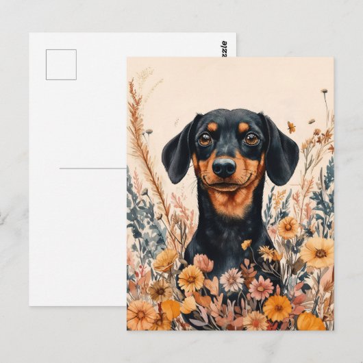 Schattigee Teckel met Wildflowers Schilderij Briefkaart (Voorkant / Achterkant)