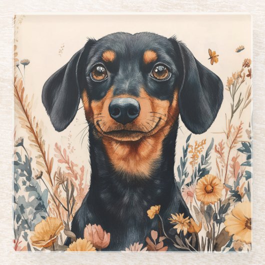 Schattigee Teckel met Wildflowers Schilderij Glazen Onderzetter (Voorkant)