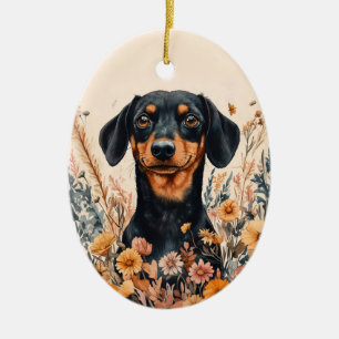 Schattigee Teckel met Wildflowers Schilderij Keramisch Ornament