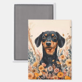 Schattigee Teckel met Wildflowers Schilderij Magneet (Voorkant / Achterkant)