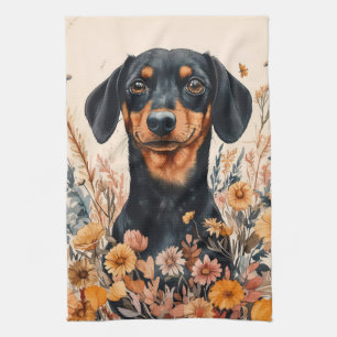 Schattigee Teckel met Wildflowers Schilderij Theedoek
