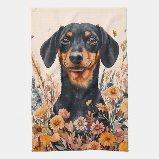 Schattigee Teckel met Wildflowers Schilderij Theedoek (Verticaal)
