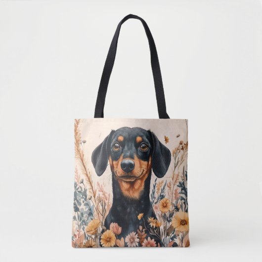 Schattigee Teckel met Wildflowers Schilderij Tote Bag (Voorkant)