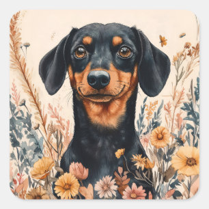 Schattigee Teckel met Wildflowers Schilderij Vierkante Sticker