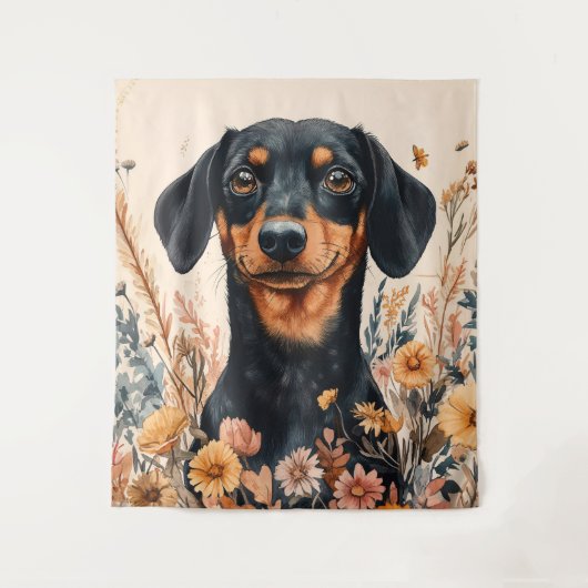 Schattigee Teckel met Wildflowers Schilderij Wandkleed (Voorkant)