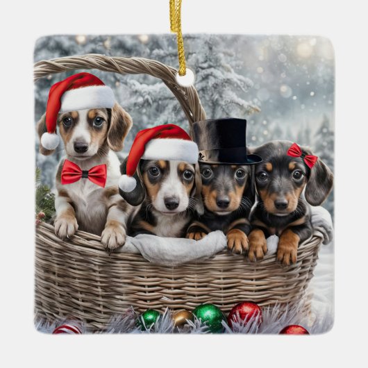 Schattigee Teckel Puppy Dogs Kerstvakantie Keramisch Ornament (Voorkant)