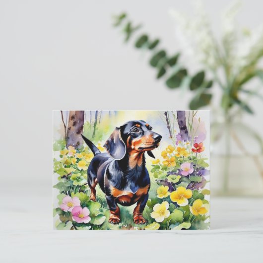 Schattigee Teckel Sausage Dog Spring Primrose Flow Briefkaart (Staand voorkant)
