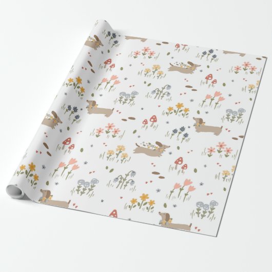 Schattigee Teckel Wildflower Verjaardag Baby Party Cadeaupapier (Uitgerold)