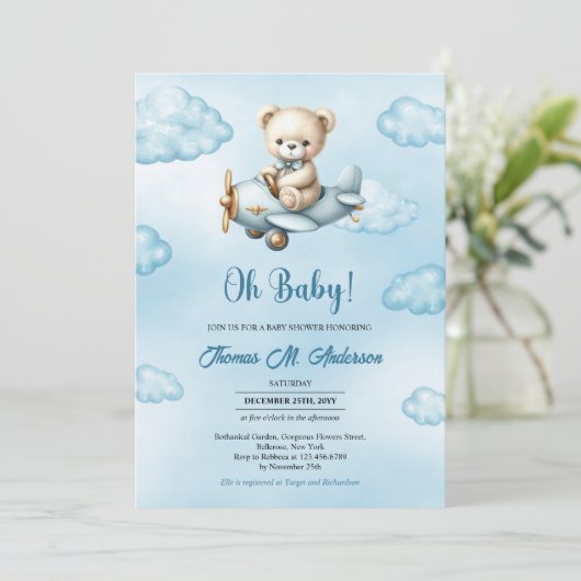 Schattigee Teddy Bear Aviator Boy baby shower Kaart (Staand voorkant)