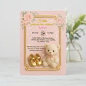 Schattigee Teddy Bear Baby Girl InvitationInvitati Kaart (Staand voorkant)