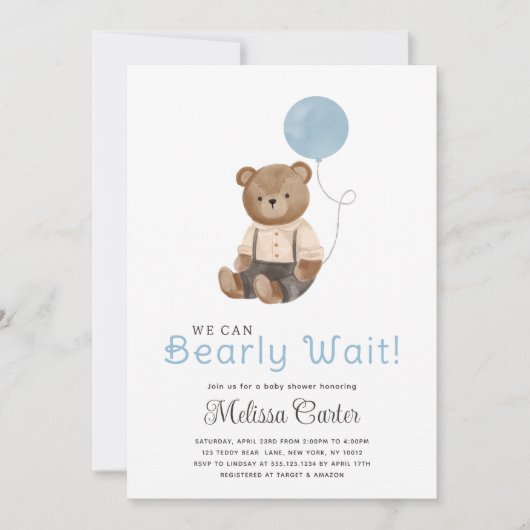 Schattigee Teddy Bear Baby shower Boy Party Uitnod Kaart (Voorkant)