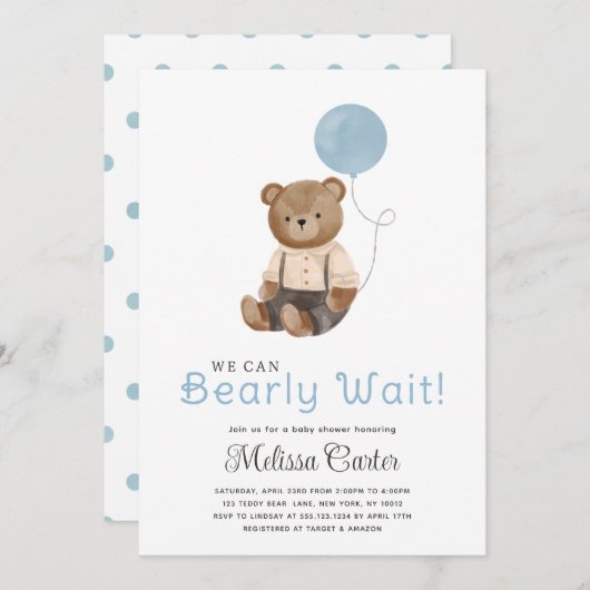 Schattigee Teddy Bear Baby shower Boy Party Uitnod Kaart (Voorkant / Achterkant)