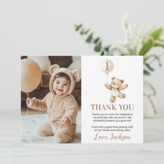 Schattigee Teddy Bear Balloon Beary Verjaardagsfot Bedankkaart (Staand voorkant)