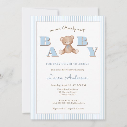 Schattigee Teddy Bear Blue Boy Baby shower Kaart (Voorkant)