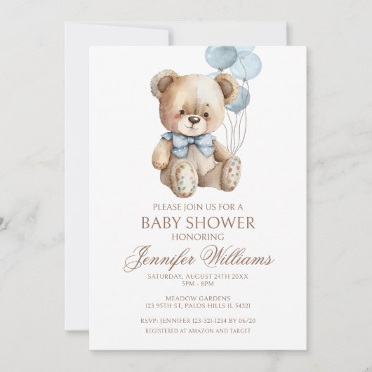 Schattigee Teddy Bear Bow Balloon Baby Boy Shower Kaart (Voorkant)