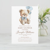 Schattigee Teddy Bear Bow Balloon Baby Boy Shower Kaart (Staand voorkant)