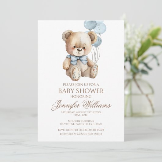 Schattigee Teddy Bear Bow Balloon Baby Boy Shower Kaart (Staand voorkant)