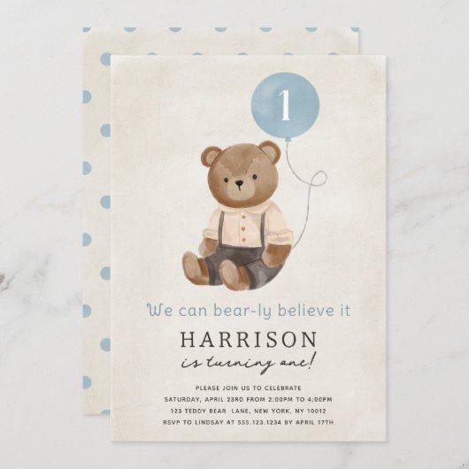 Schattigee Teddy Bear Boy Verjaardagsfeestuitnodig Kaart (Voorkant / Achterkant)