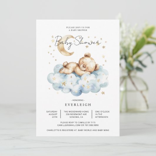 Schattigee Teddy Bear Cloud Moon Baby shower Kaart (Staand voorkant)
