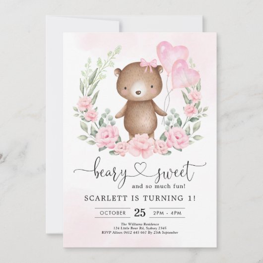 Schattigee Teddy Bear Girl Verjaardag Heart Balloo Kaart (Voorkant)