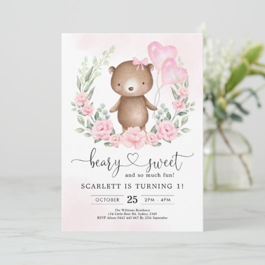 Schattigee Teddy Bear Girl Verjaardag Heart Balloo Kaart (Staand voorkant)