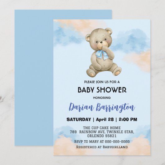 Schattigee teddy Bear Gradient sky baby boy shower Kaart (Voorkant / Achterkant)