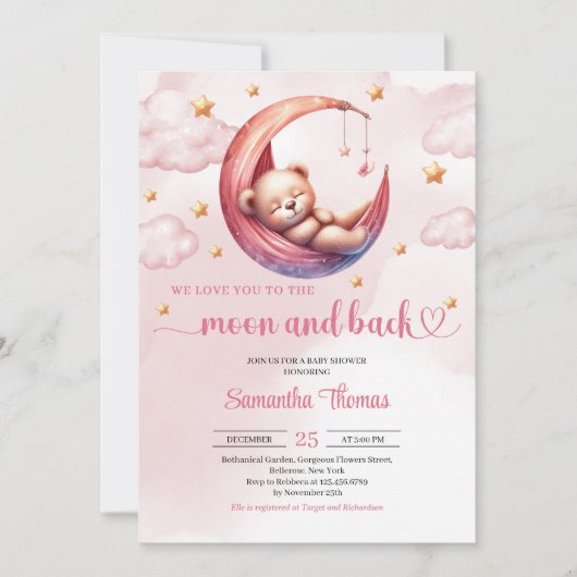 Schattigee Teddy Bear Moon en Back Girl baby showe Kaart (Voorkant)