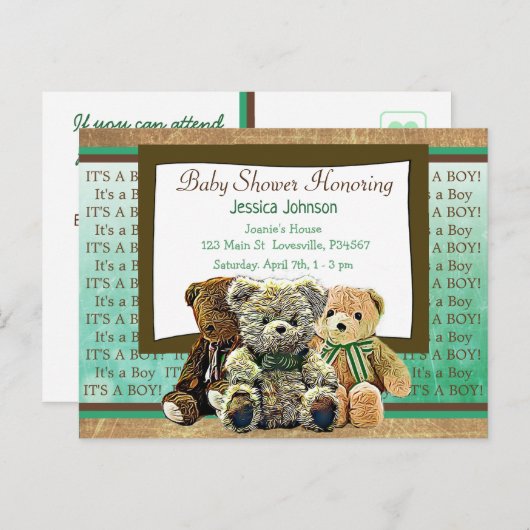 Schattigee Teddy Bear Themd Boy's Baby shower Uitnodiging Briefkaart (Voorkant / Achterkant)