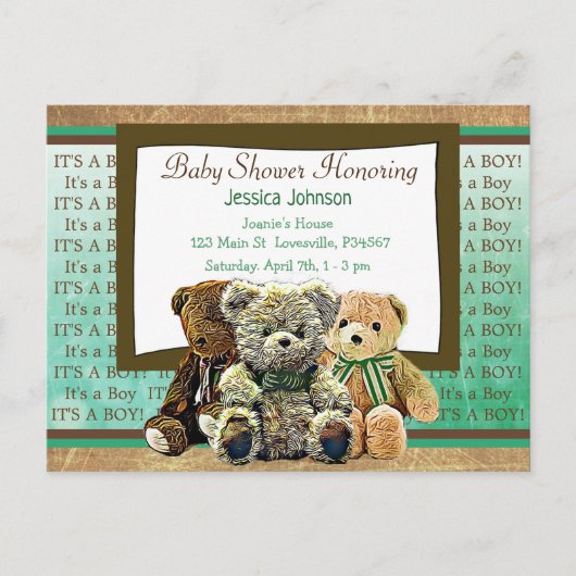 Schattigee Teddy Bear Themd Boy's Baby shower Uitnodiging Briefkaart (Voorkant)